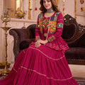 Lovely Rani Pink Cotton Gamthi Work Indo-Western Navratri Lehenga Choli with Koti for Women