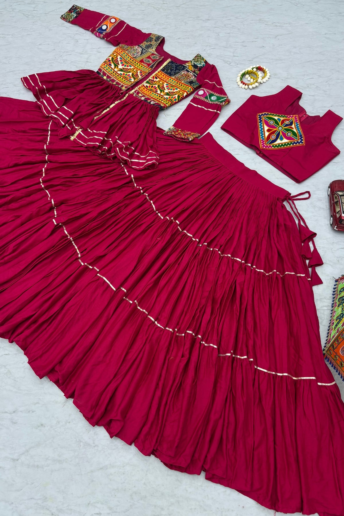 Lovely Rani Pink Cotton Gamthi Work Indo-Western Navratri Lehenga Choli with Koti for Women