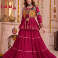Lovely Rani Pink Cotton Gamthi Work Indo-Western Navratri Lehenga Choli with Koti for Women