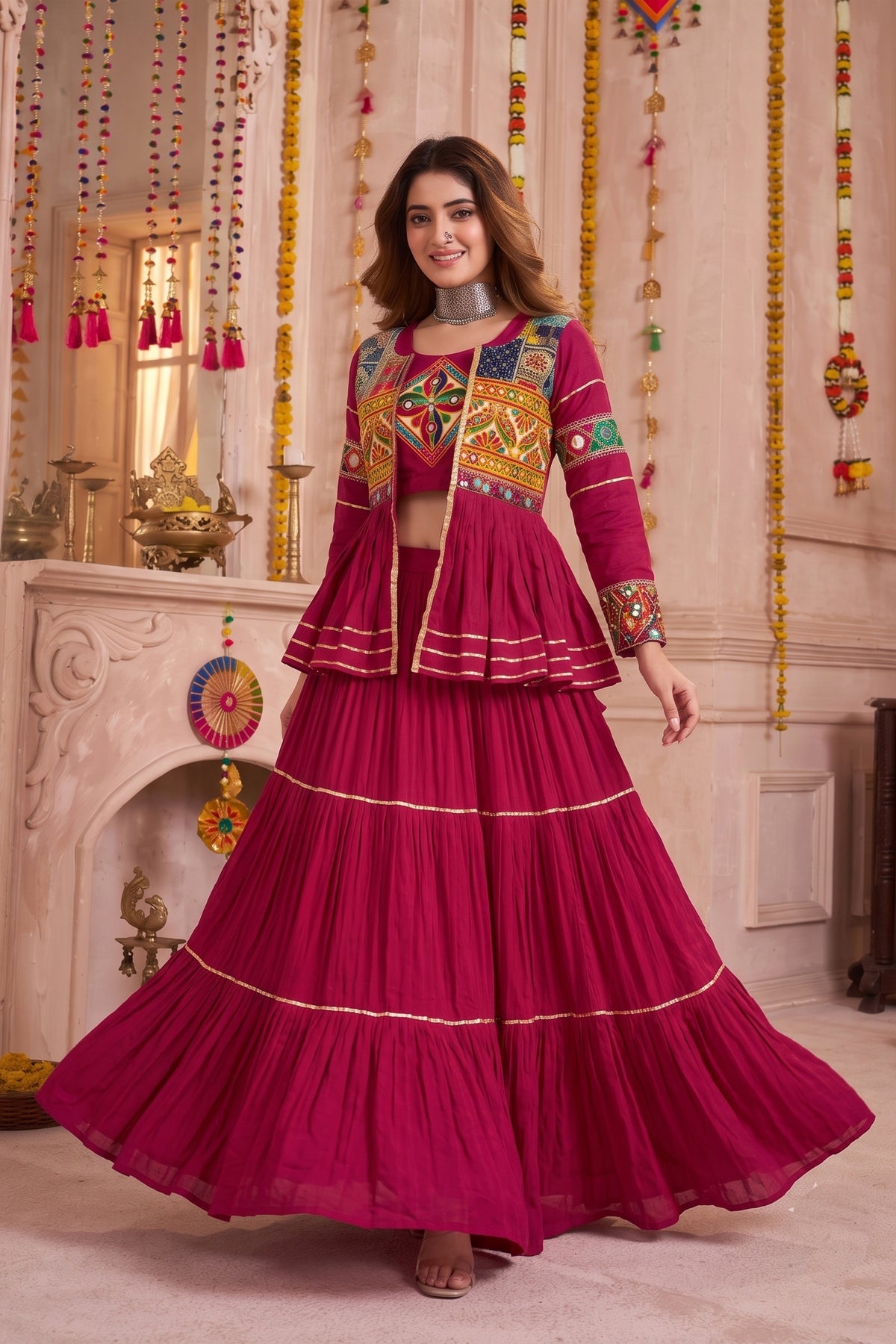 Lovely Rani Pink Cotton Gamthi Work Indo-Western Navratri Lehenga Choli with Koti for Women