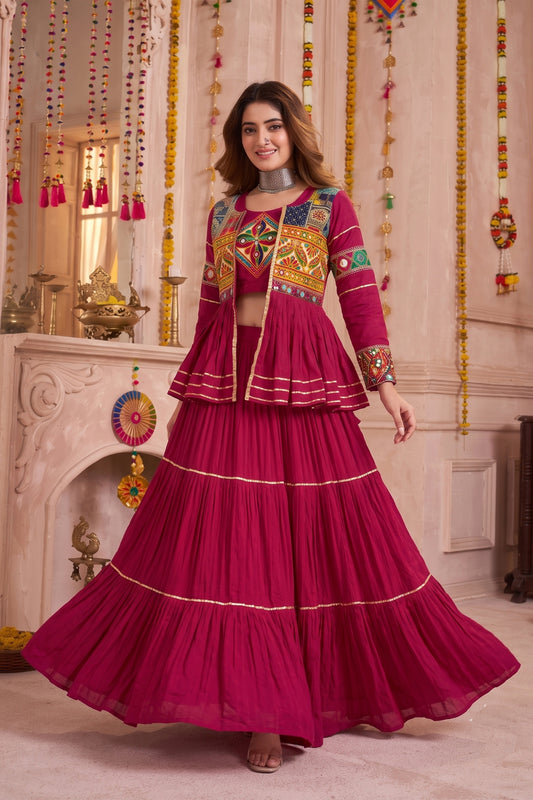 Lovely Rani Pink Cotton Gamthi Work Indo-Western Navratri Lehenga Choli with Koti for Women