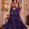 Charming Purple Cotton Gamthi Work Indo-Western Navratri Lehenga Choli with Koti for Women