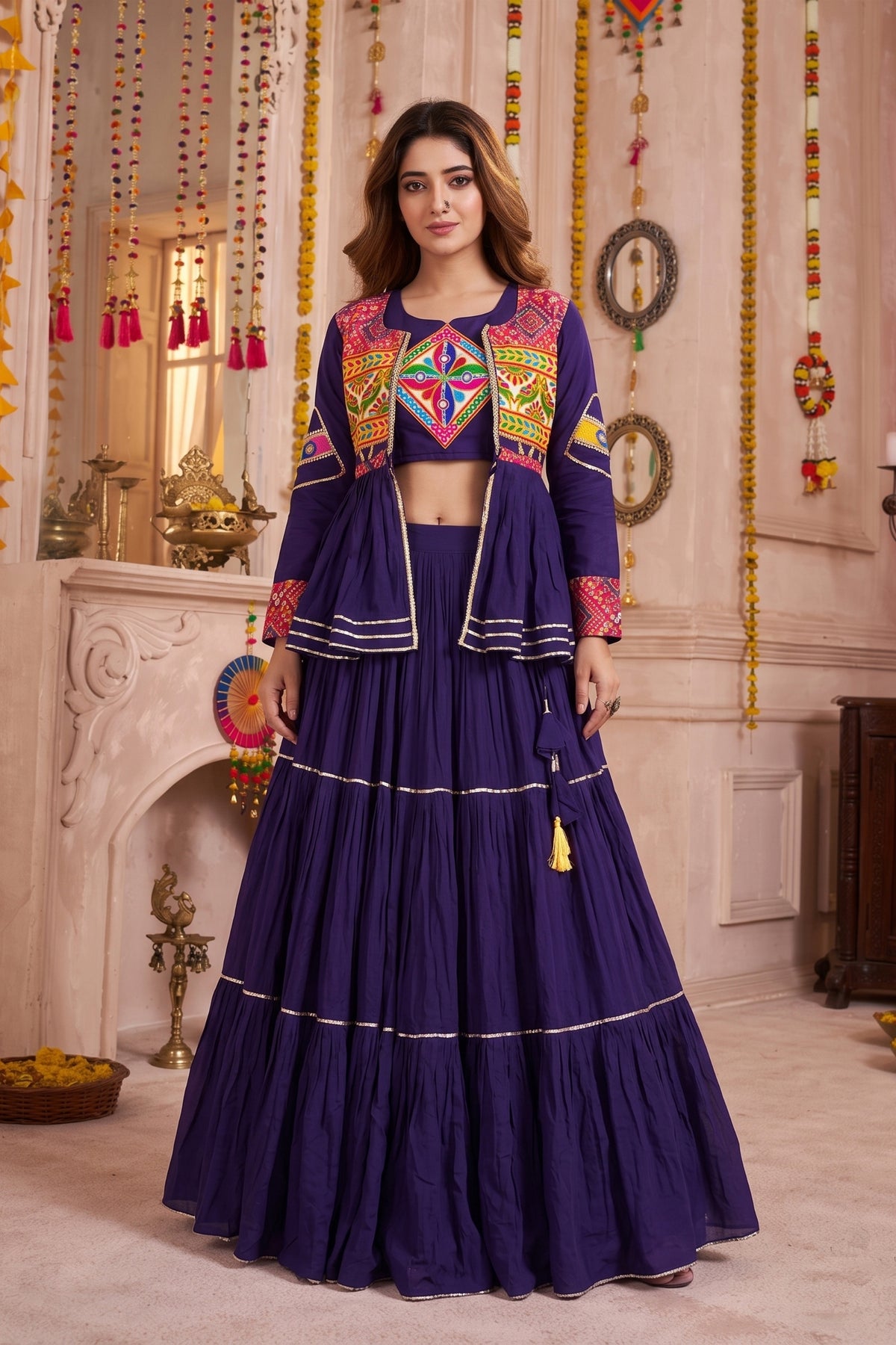 Charming Purple Cotton Gamthi Work Indo-Western Navratri Lehenga Choli with Koti for Women