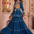 Admirable Teal Blue Cotton Gamthi Work Indo-Western Navratri Lehenga Choli with Koti for Women