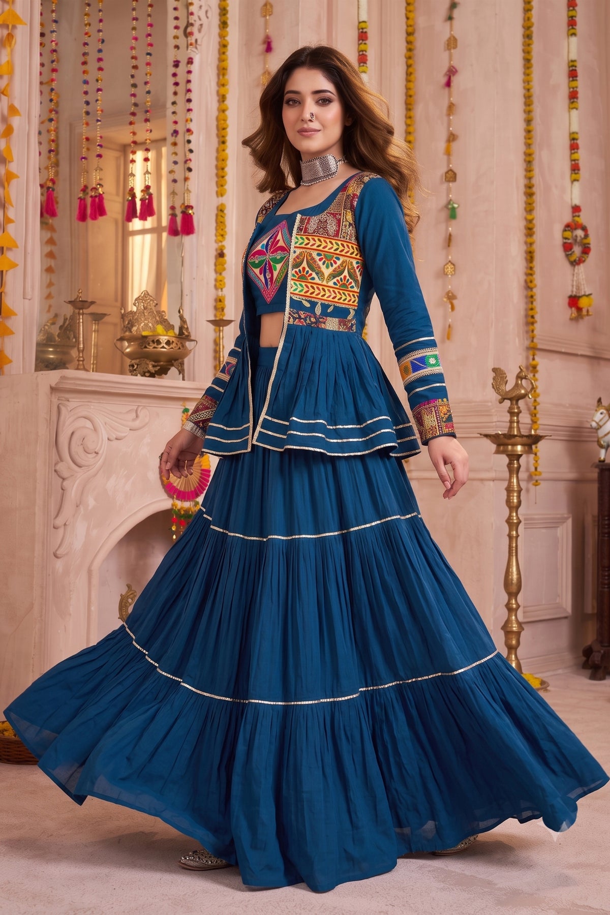 Admirable Teal Blue Cotton Gamthi Work Indo-Western Navratri Lehenga Choli with Koti for Women