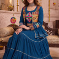 Admirable Teal Blue Cotton Gamthi Work Indo-Western Navratri Lehenga Choli with Koti for Women