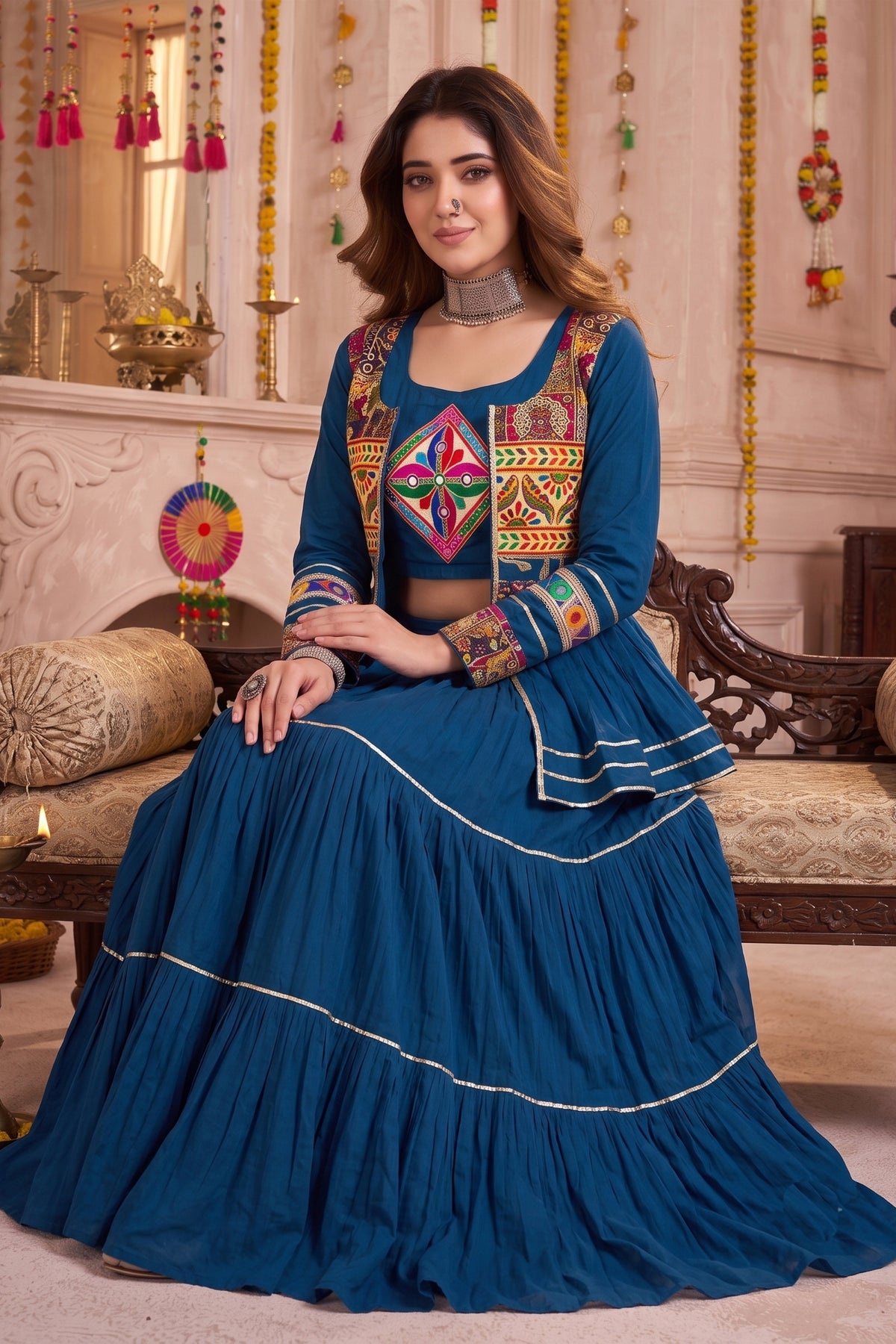 Admirable Teal Blue Cotton Gamthi Work Indo-Western Navratri Lehenga Choli with Koti for Women