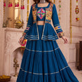 Admirable Teal Blue Cotton Gamthi Work Indo-Western Navratri Lehenga Choli with Koti for Women