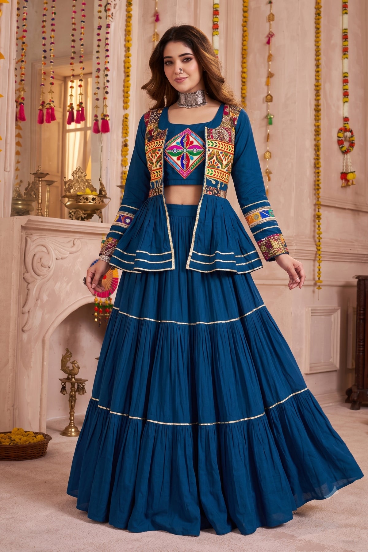 Admirable Teal Blue Cotton Gamthi Work Indo-Western Navratri Lehenga Choli with Koti for Women