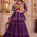 Gorgeous Purple Cotton Gamthi Work Indo-Western Navratri Lehenga Choli with Koti for Women