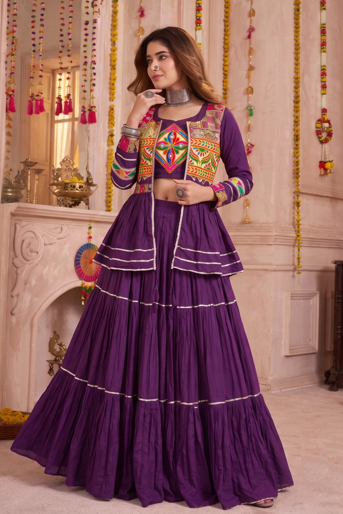 Gorgeous Purple Cotton Gamthi Work Indo-Western Navratri Lehenga Choli with Koti for Women