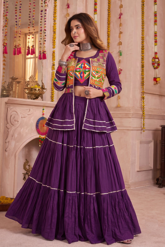 Gorgeous Purple Cotton Gamthi Work Indo-Western Navratri Lehenga Choli with Koti for Women