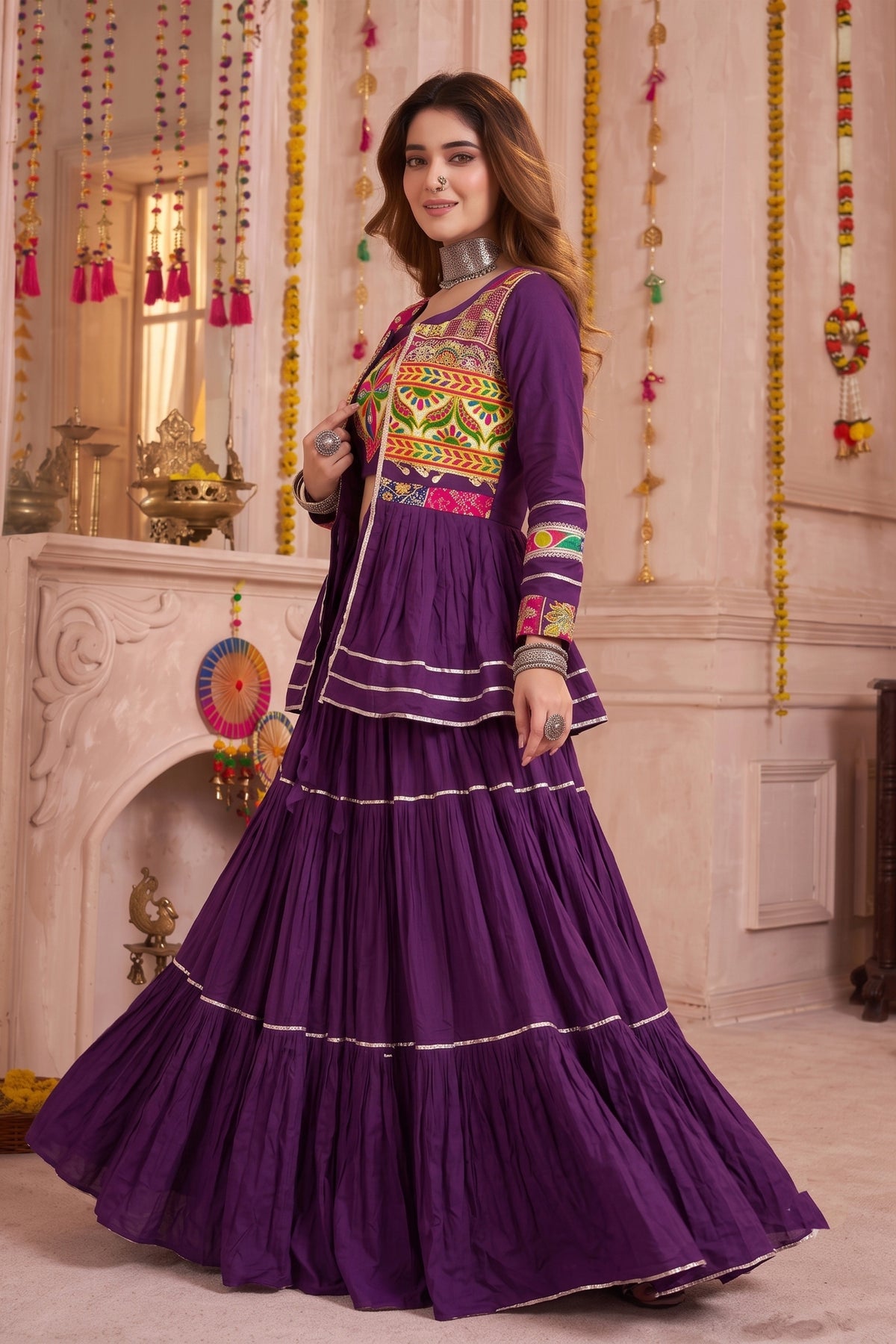 Gorgeous Purple Cotton Gamthi Work Indo-Western Navratri Lehenga Choli with Koti for Women