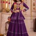 Gorgeous Purple Cotton Gamthi Work Indo-Western Navratri Lehenga Choli with Koti for Women