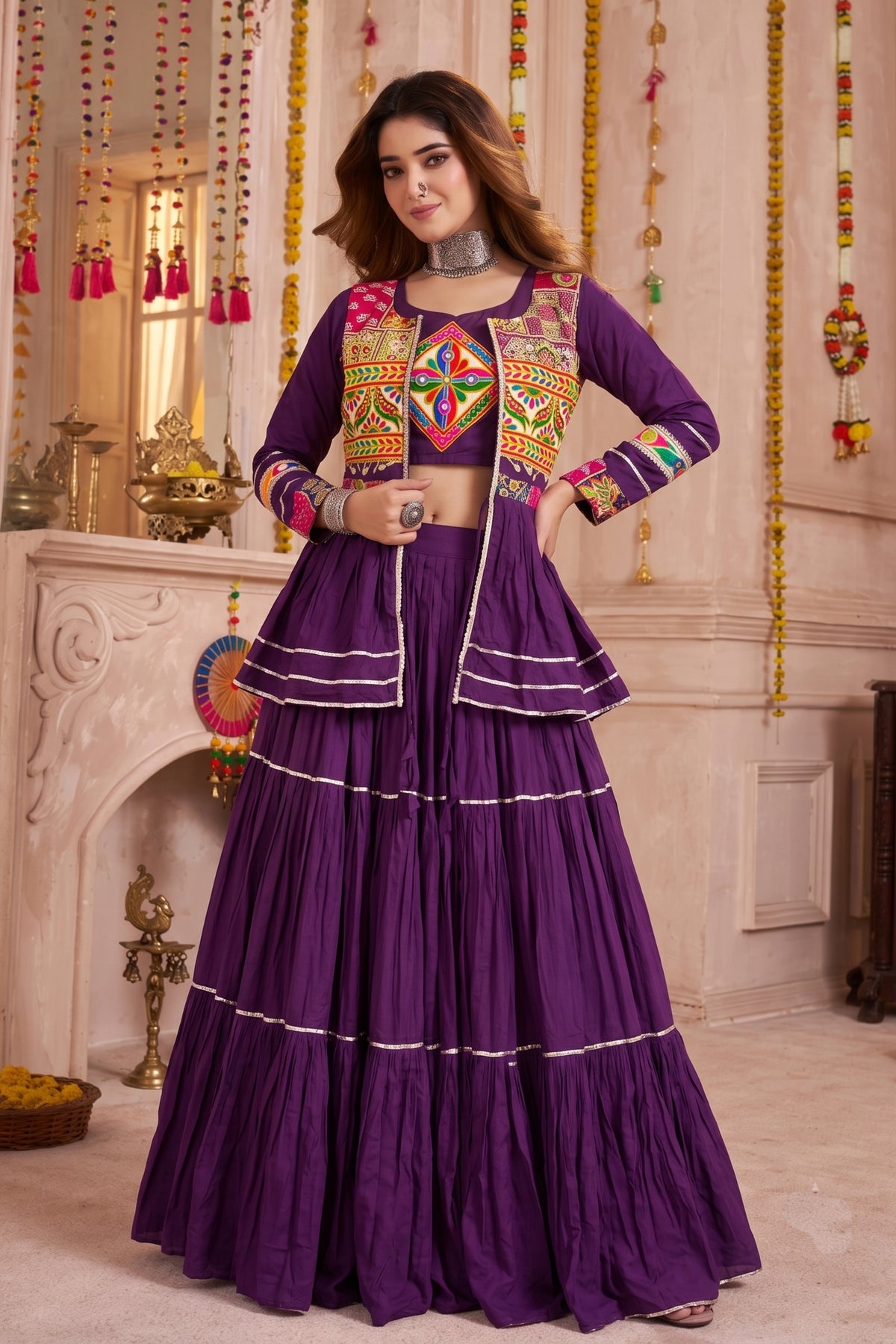 Gorgeous Purple Cotton Gamthi Work Indo-Western Navratri Lehenga Choli with Koti for Women
