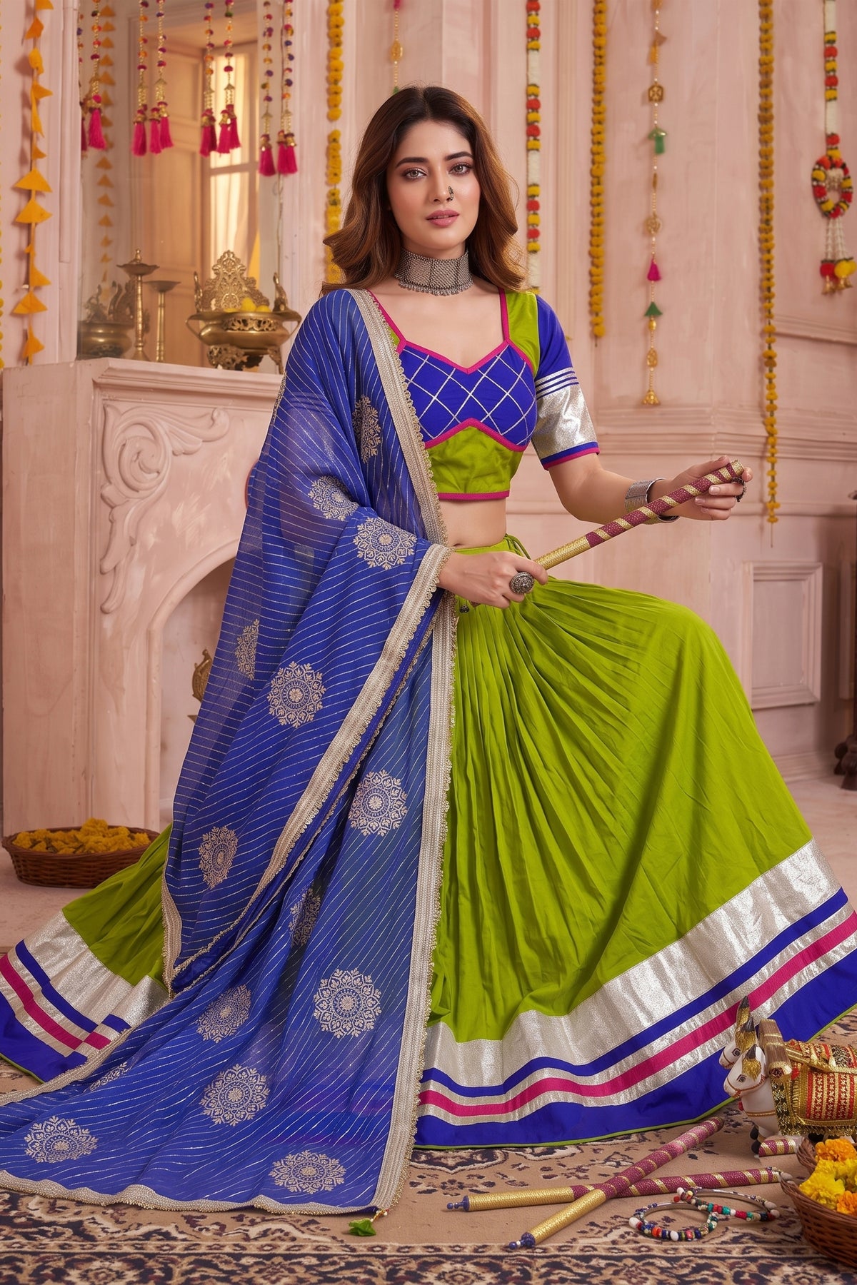 Stylish Green and Royal Blue Cotton Designer Lehenga Choli with Lace Work for Women