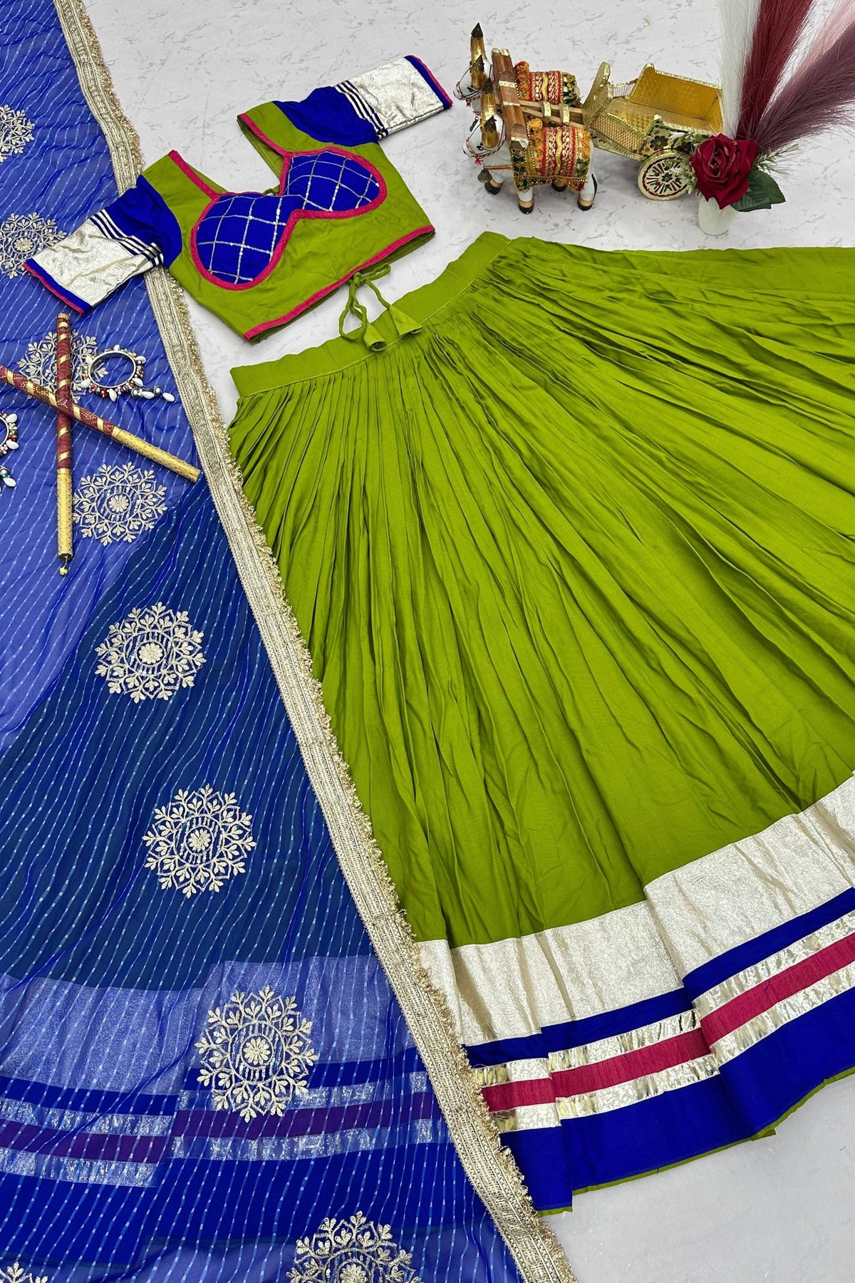 Stylish Green and Royal Blue Cotton Designer Lehenga Choli with Lace Work for Women