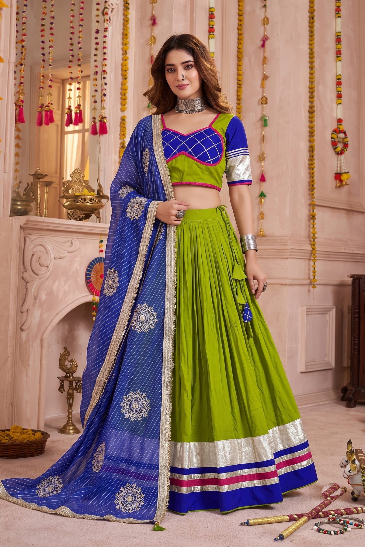 Stylish Green and Royal Blue Cotton Designer Lehenga Choli with Lace Work for Women