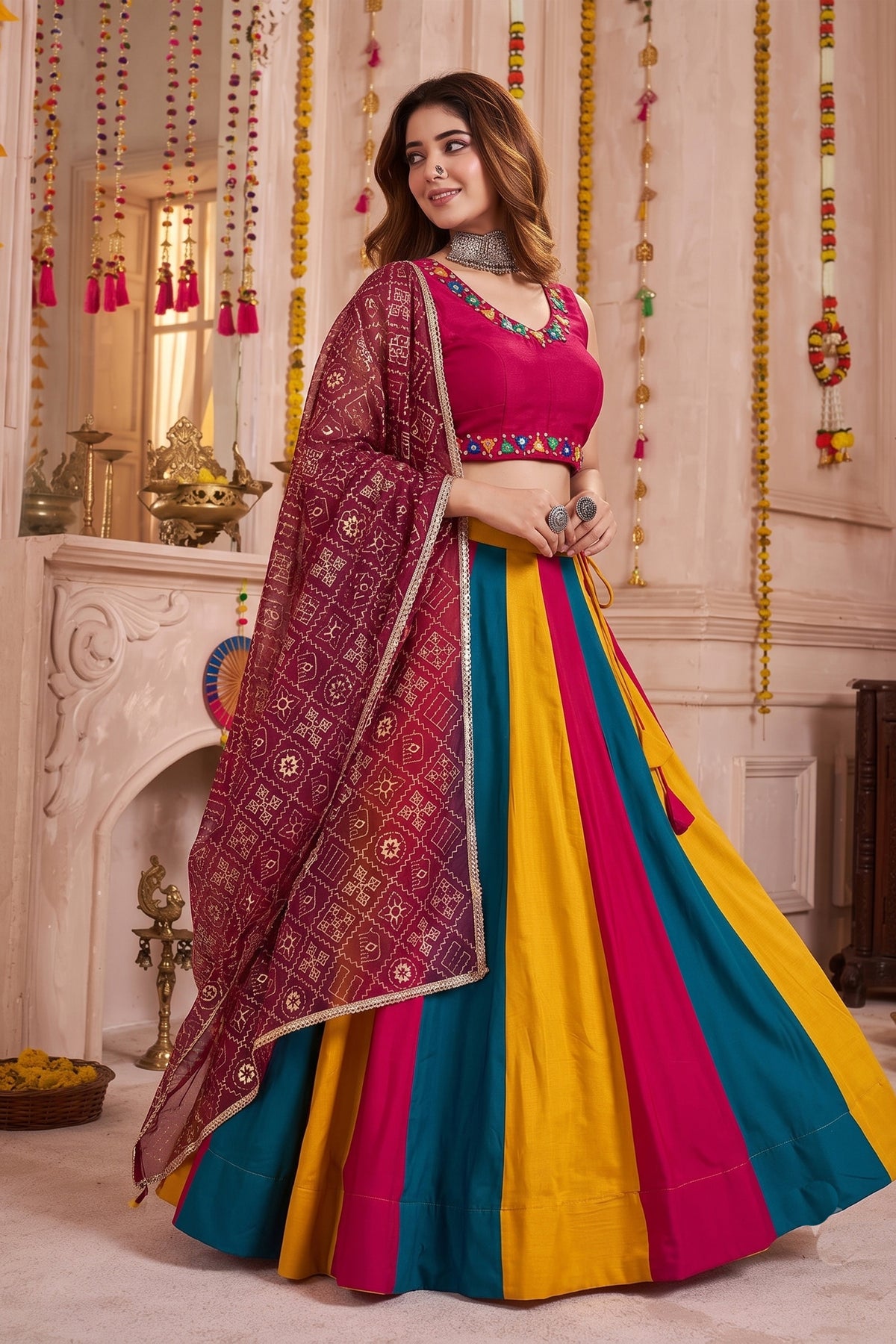 Vibrant Multicolor Cotton Designer Lehenga Choli with Mirror Work for Women