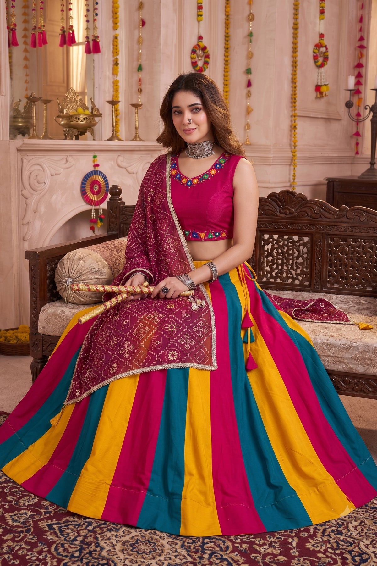 Vibrant Multicolor Cotton Designer Lehenga Choli with Mirror Work for Women