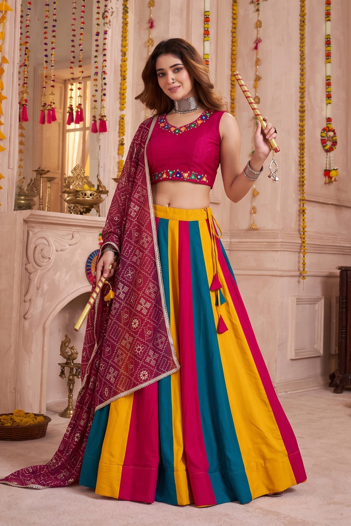 Vibrant Multicolor Cotton Designer Lehenga Choli with Mirror Work for Women