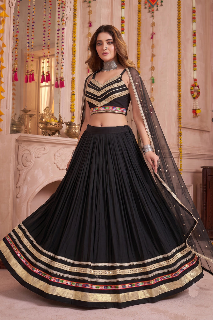 Elegant Black Cotton Designer Lehenga Choli with Lace Work and Embellished Border for Women