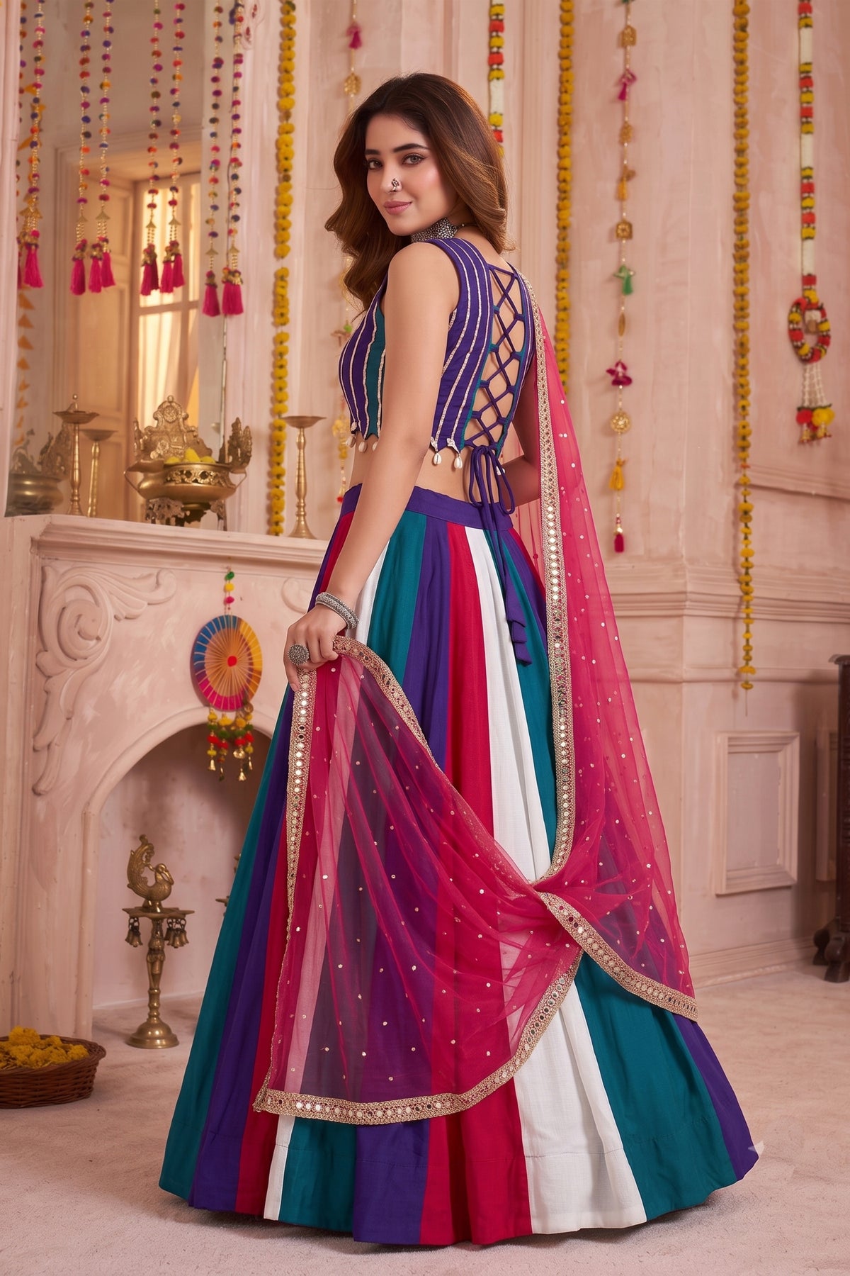 Glorious Multicolor Cotton Designer Lehenga Choli with Mirror Work for Women