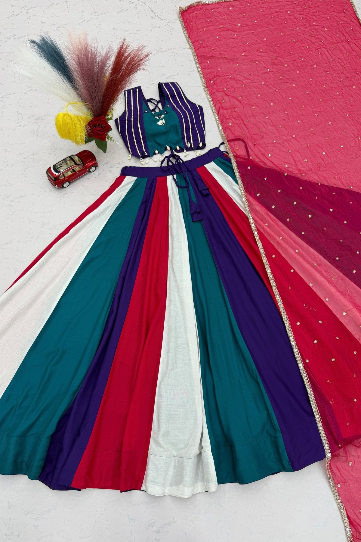 Glorious Multicolor Cotton Designer Lehenga Choli with Mirror Work for Women