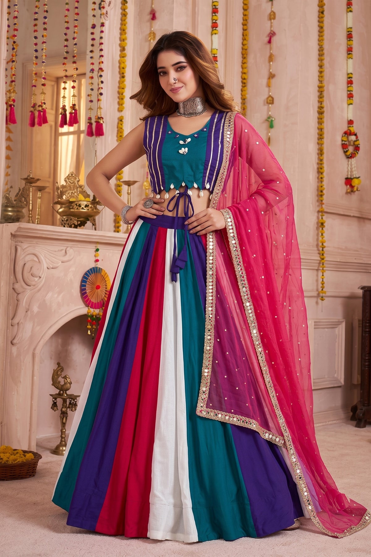 Glorious Multicolor Cotton Designer Lehenga Choli with Mirror Work for Women