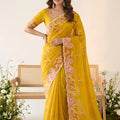 Stylish Mustard Yellow Space Silk Saree Embroidery Cutwork Border for Women