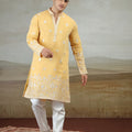Elegant Mustard Yellow Art Silk Embroidered Kurta Pajama Set for Men