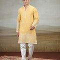 Elegant Mustard Yellow Art Silk Embroidered Kurta Pajama Set for Men
