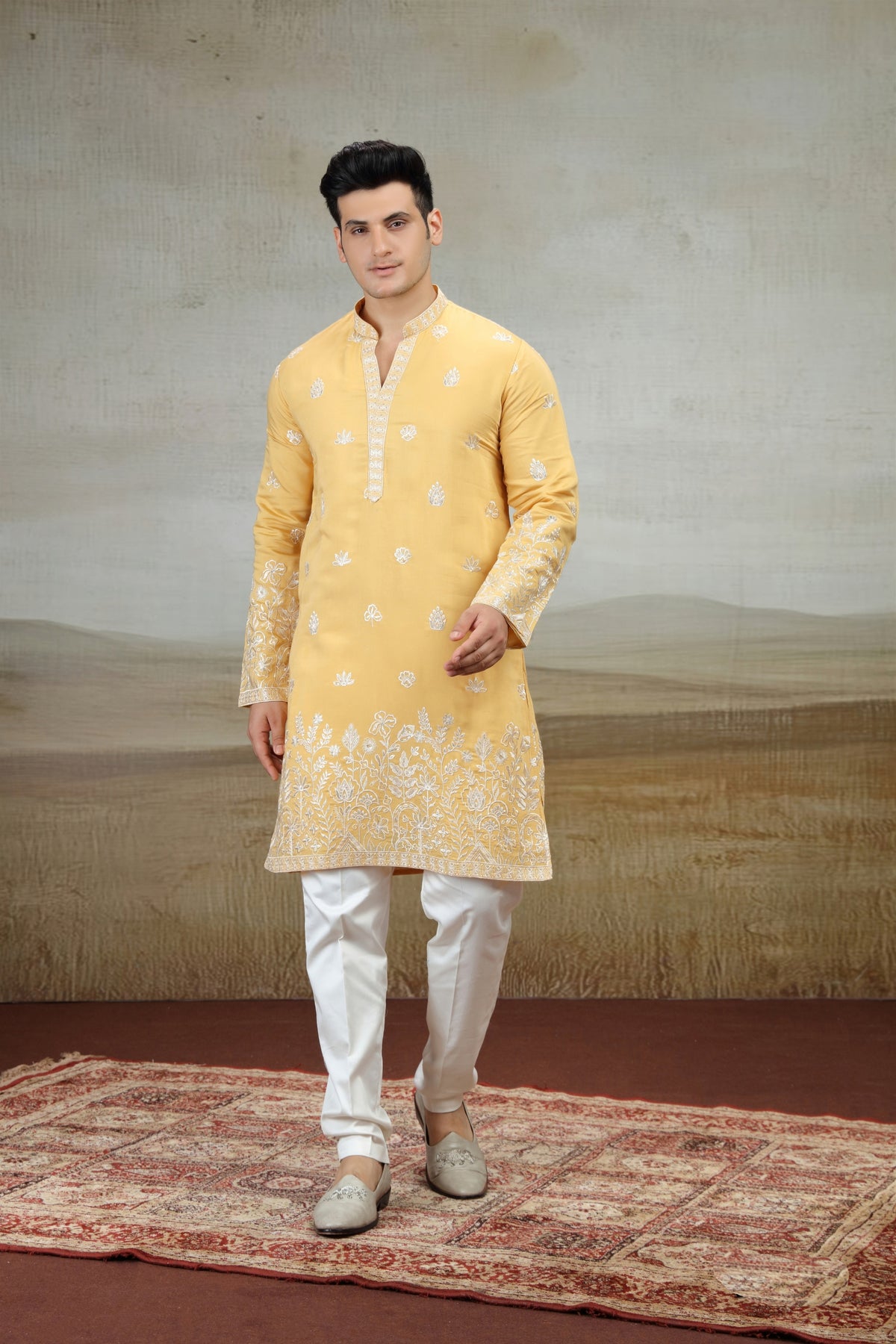 Elegant Mustard Yellow Art Silk Embroidered Kurta Pajama Set for Men