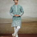 Refreshing Mint Green Art Silk Embroidered Kurta Pajama Set for Men