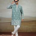 Refreshing Mint Green Art Silk Embroidered Kurta Pajama Set for Men