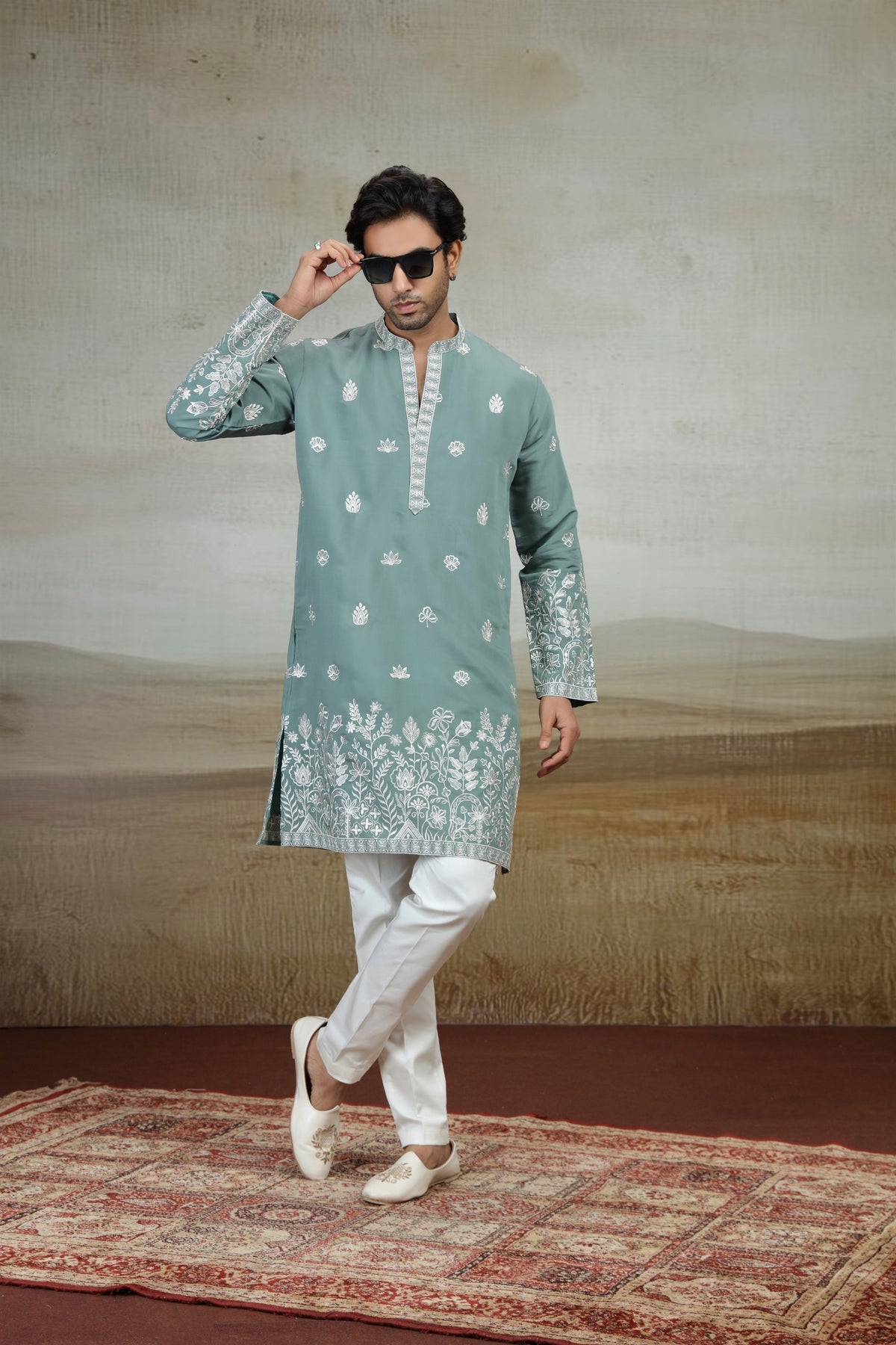 Refreshing Mint Green Art Silk Embroidered Kurta Pajama Set for Men