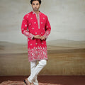 Beautiful Rani Pink Art Silk Embroidered Kurta Pajama Set for Men
