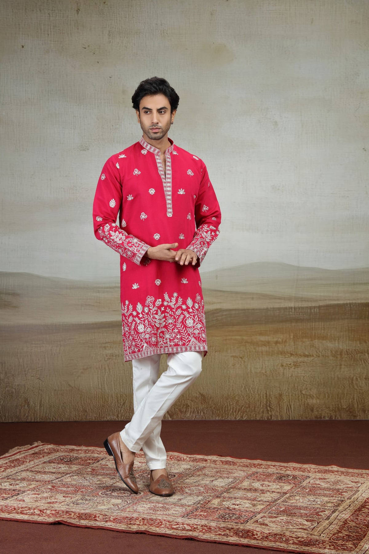 Beautiful Rani Pink Art Silk Embroidered Kurta Pajama Set for Men