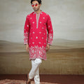 Beautiful Rani Pink Art Silk Embroidered Kurta Pajama Set for Men