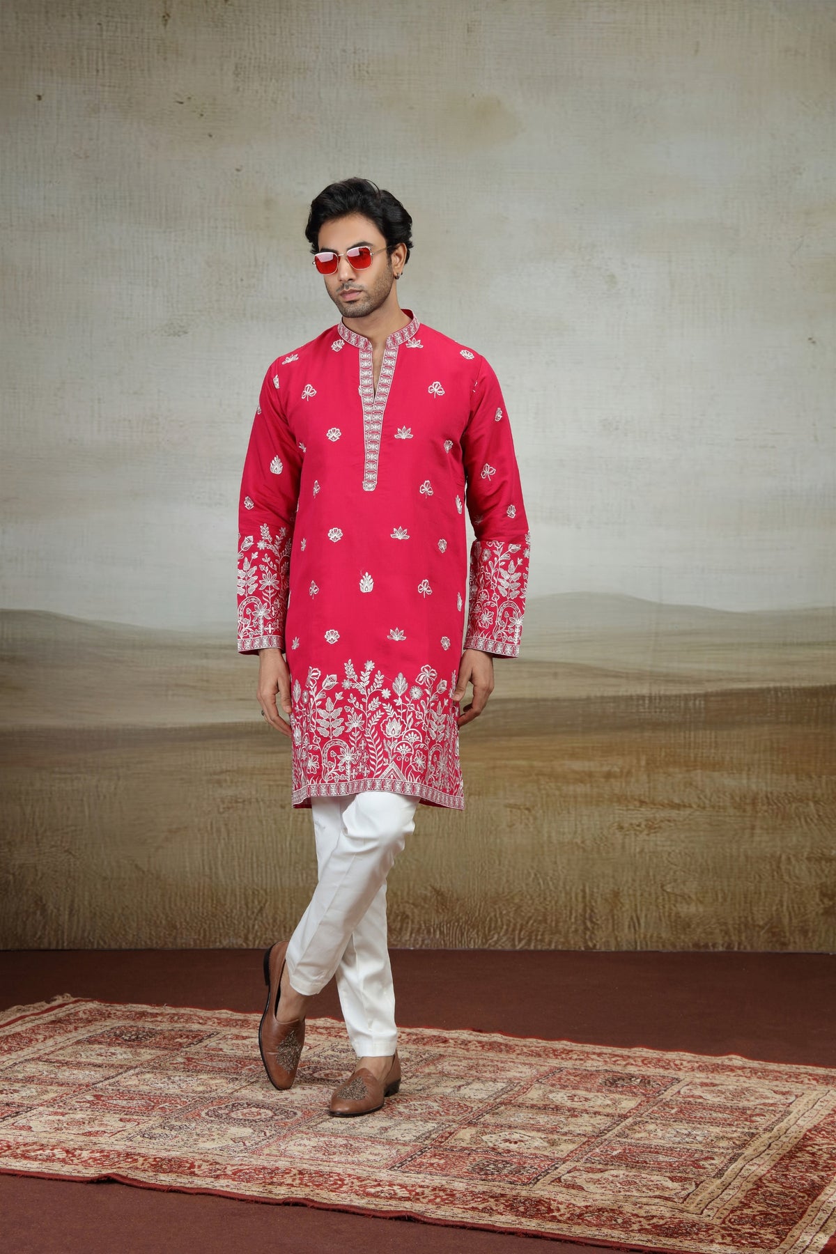 Beautiful Rani Pink Art Silk Embroidered Kurta Pajama Set for Men