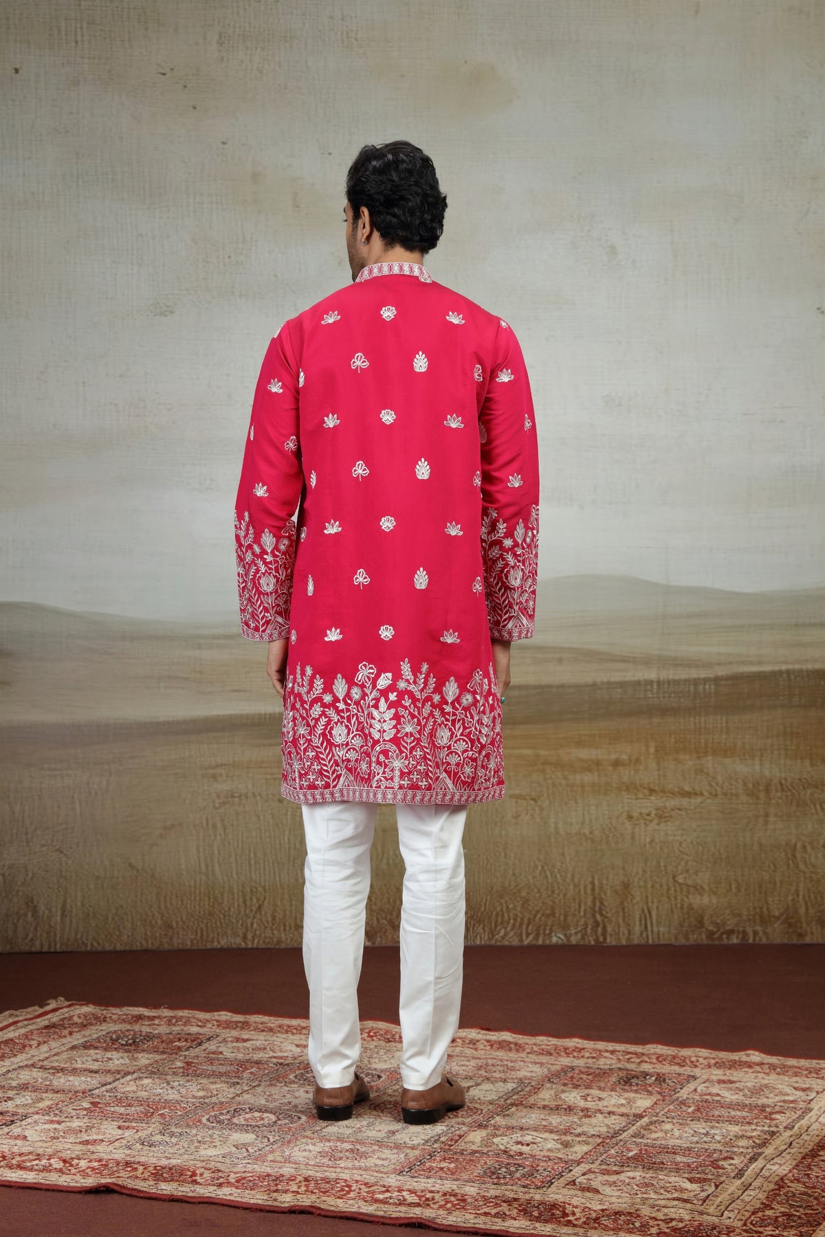 Beautiful Rani Pink Art Silk Embroidered Kurta Pajama Set for Men