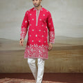 Beautiful Rani Pink Art Silk Embroidered Kurta Pajama Set for Men