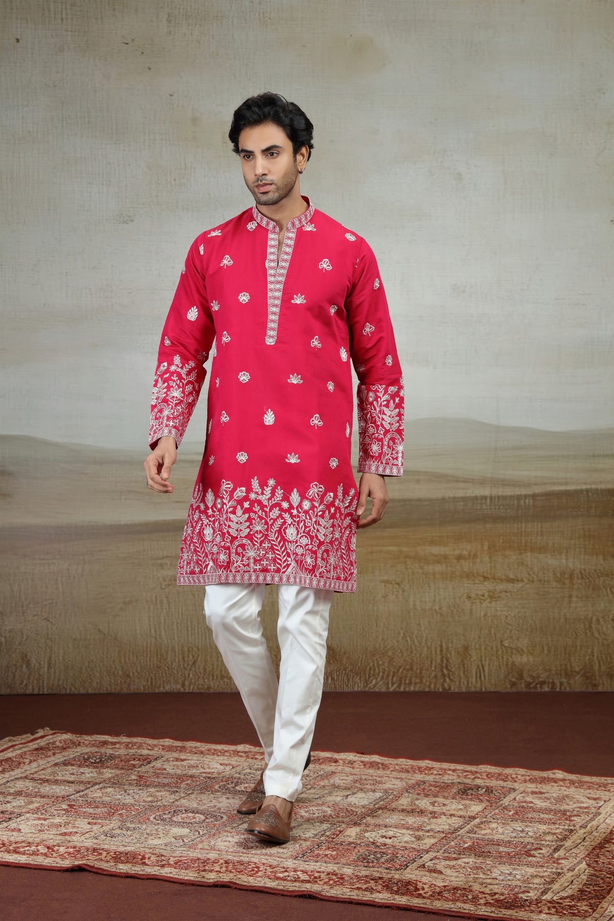 Beautiful Rani Pink Art Silk Embroidered Kurta Pajama Set for Men