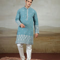 Stylish Teal Blue Art Silk Embroidered Kurta Pajama Set for Men