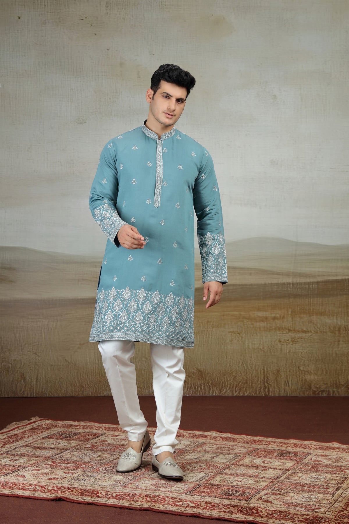 Stylish Teal Blue Art Silk Embroidered Kurta Pajama Set for Men