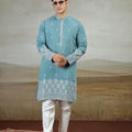 Stylish Teal Blue Art Silk Embroidered Kurta Pajama Set for Men