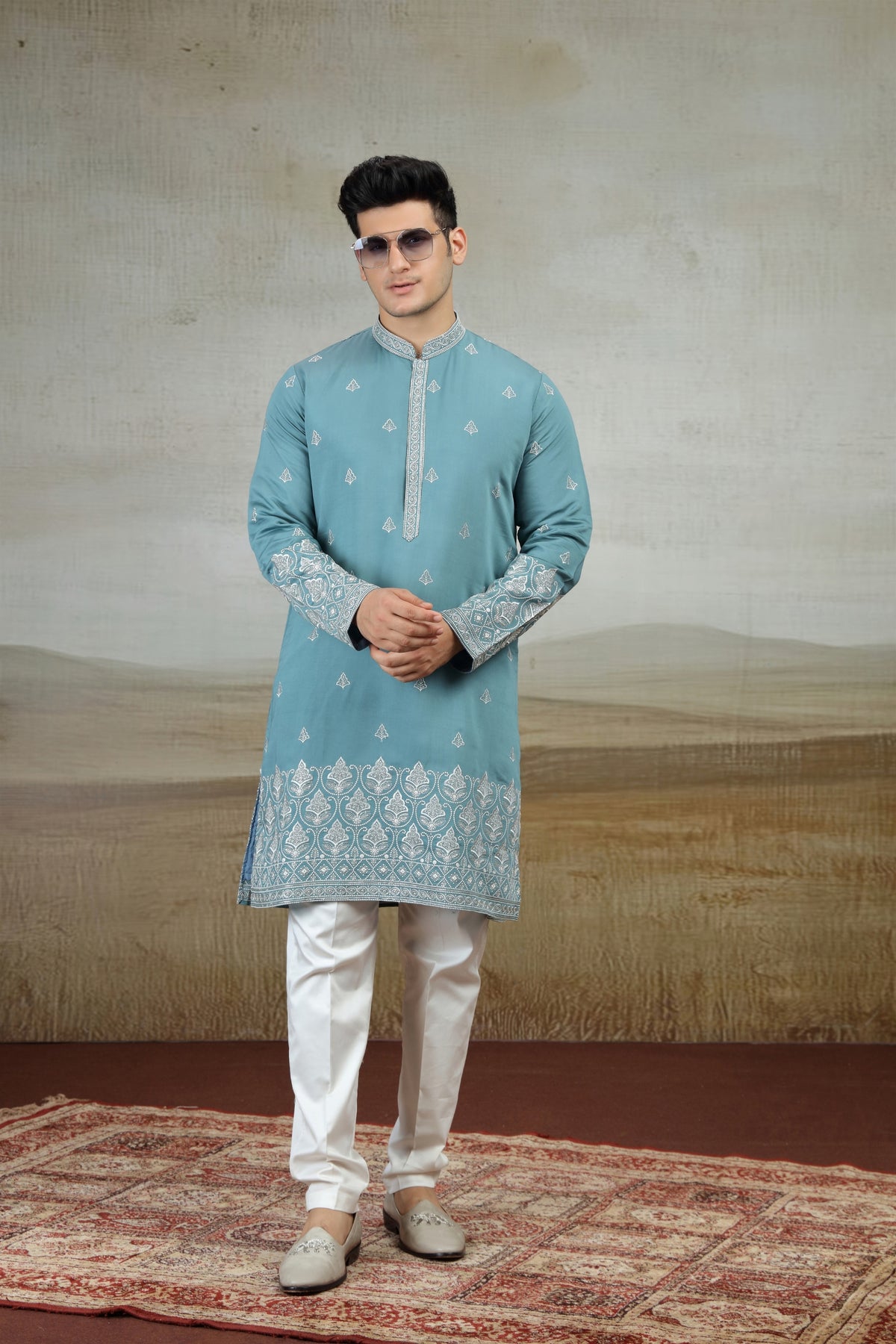 Stylish Teal Blue Art Silk Embroidered Kurta Pajama Set for Men
