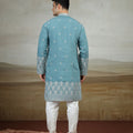 Stylish Teal Blue Art Silk Embroidered Kurta Pajama Set for Men