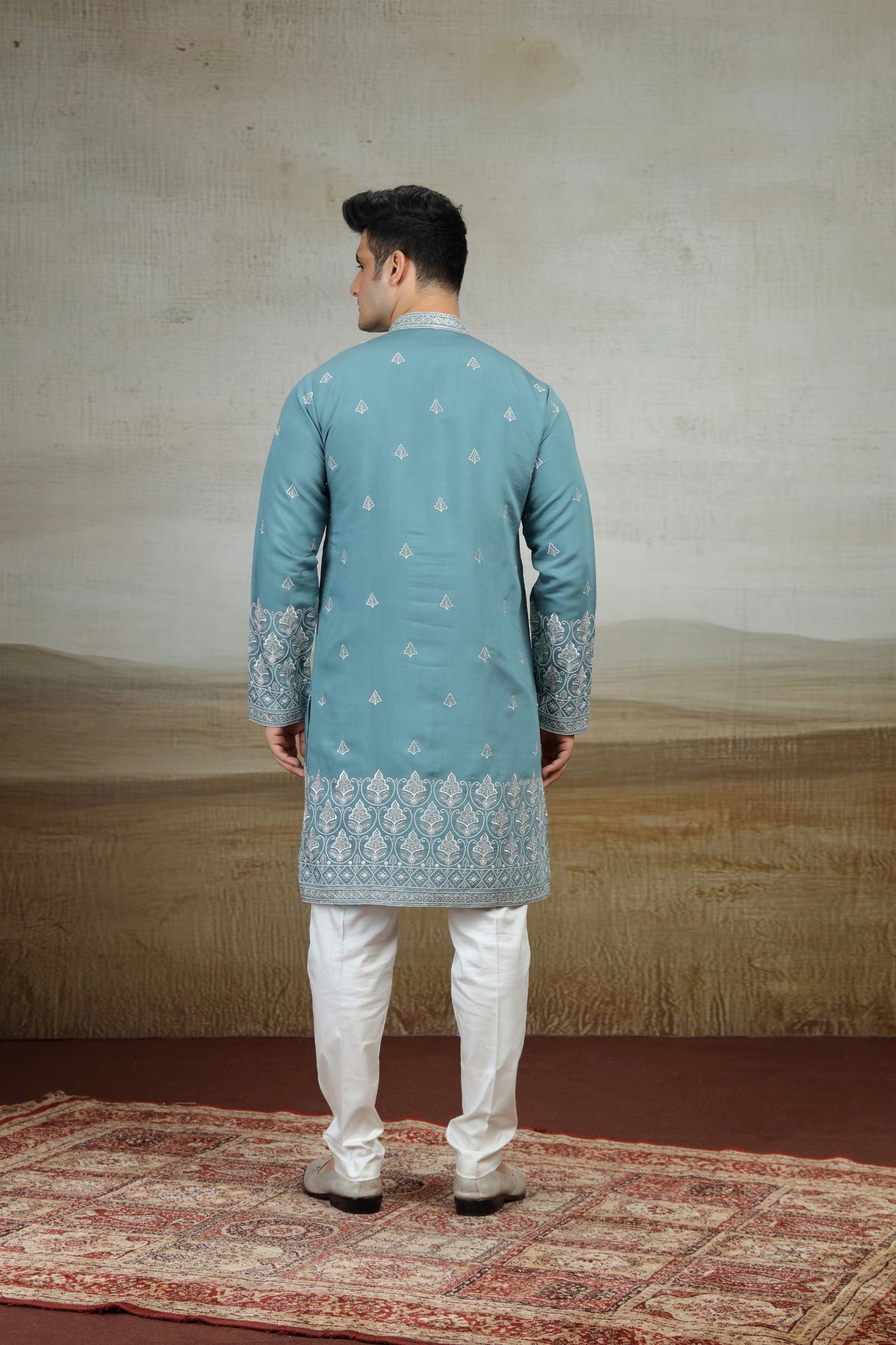 Stylish Teal Blue Art Silk Embroidered Kurta Pajama Set for Men