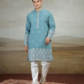 Stylish Teal Blue Art Silk Embroidered Kurta Pajama Set for Men